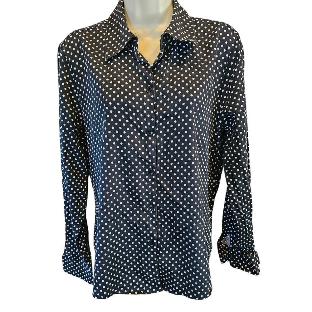 Foxcroft 16P wrinkle free fitted black polka dot career casual button up top +